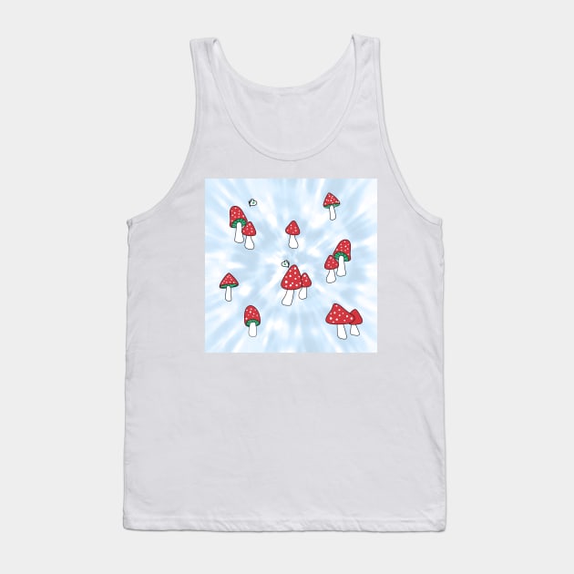 Aesthetic Red Hatted Mushrooms and Butterflies on a Light Blue Pastel Tie Dye Background Tank Top by YourGoods